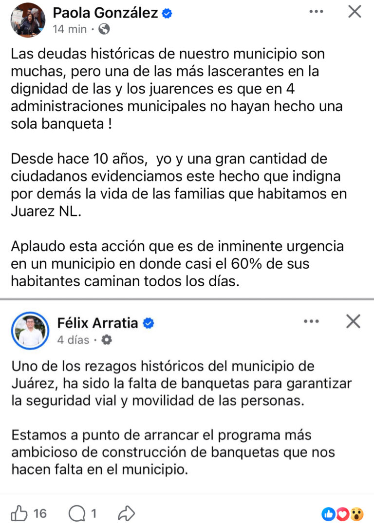 Paola González reconoce a Félix Arratia por ambicioso programa de banquetas en Juárez NL