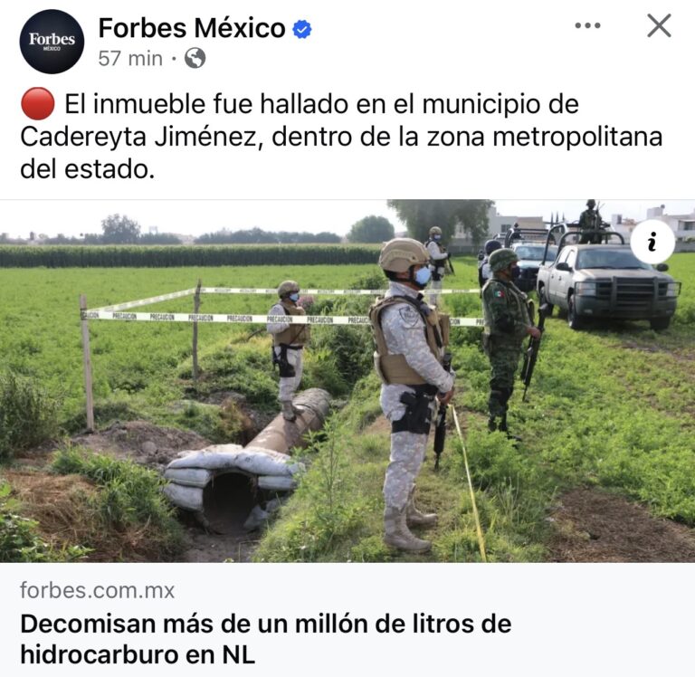 Destaca Forbes México decomiso ligado al combate al huachicol en Cadereyta