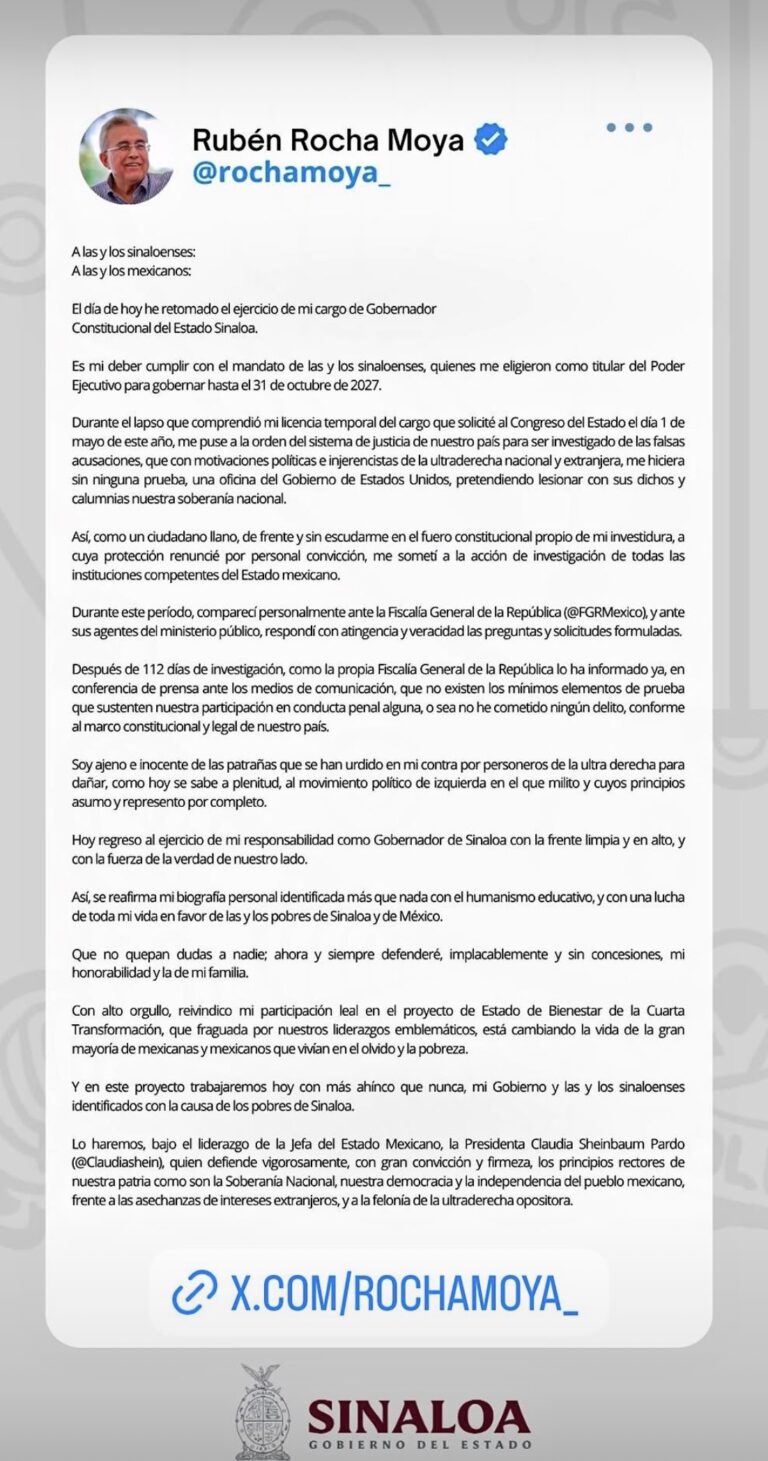 Pese a señalamientos de EU, Rocha Moya retoma el Gobierno de Sinaloa